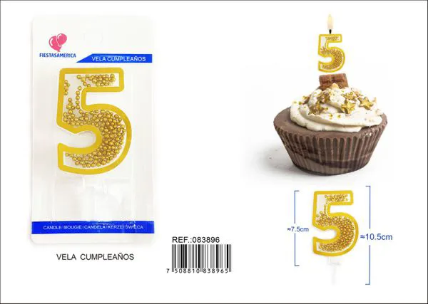 Vela de cumpleaños número 5 dorada 8 cm