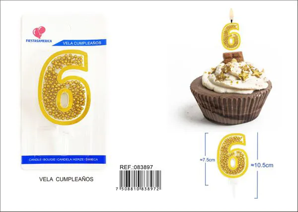Vela de cumpleaños número 6 dorada 8 cm