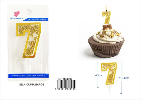 Vela de cumpleaños número 7 dorada 8 cm