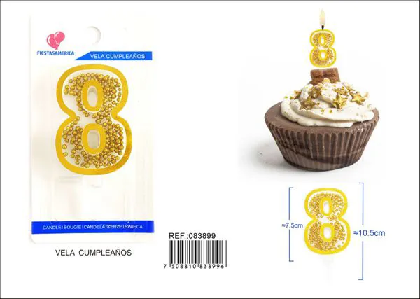 Vela de cumpleaños número 8 dorada 8 cm