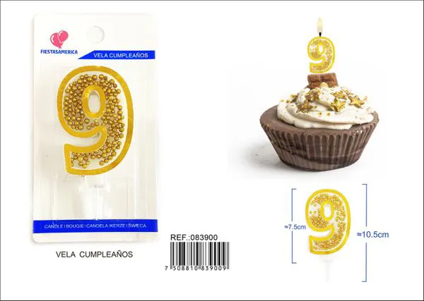 Vela de cumpleaños número 9 dorada 8 cm