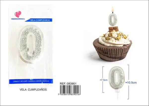 Vela de cumpleaños número 0 plateada 8 cm