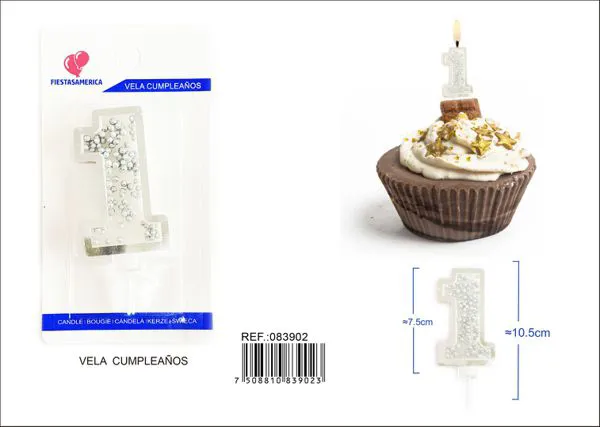 Vela de cumpleaños número 1 plateada 8 cm