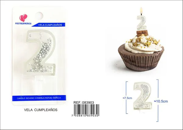 Vela de cumpleaños número 2 plateada 8 cm