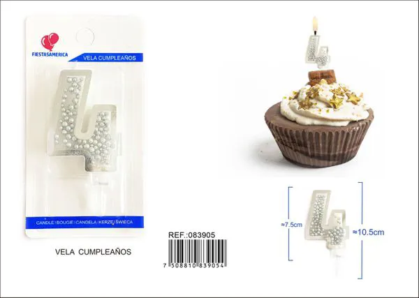 Vela de cumpleaños número 4 plateada 8 cm