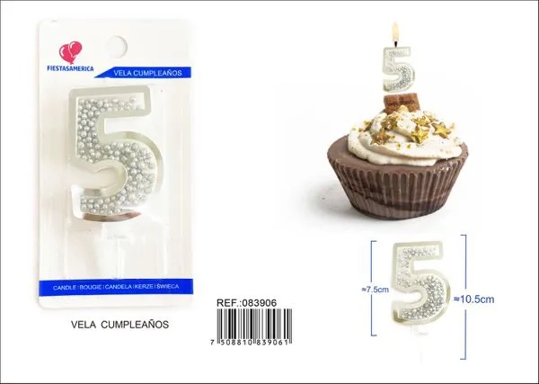 Vela de cumpleaños número 5 plateada 8 cm