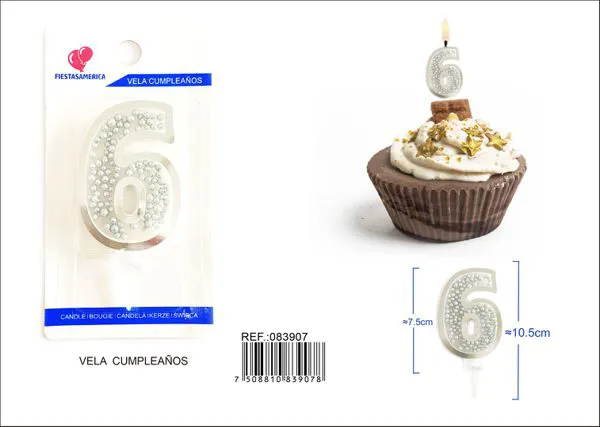 Vela de cumpleaños número 6 plateada 8 cm