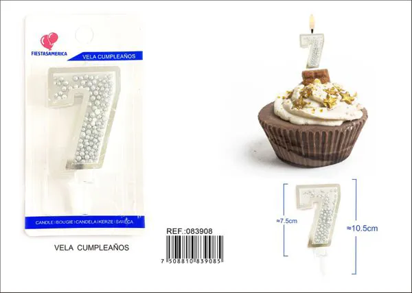 Vela de cumpleaños número 7 plateada 8 cm