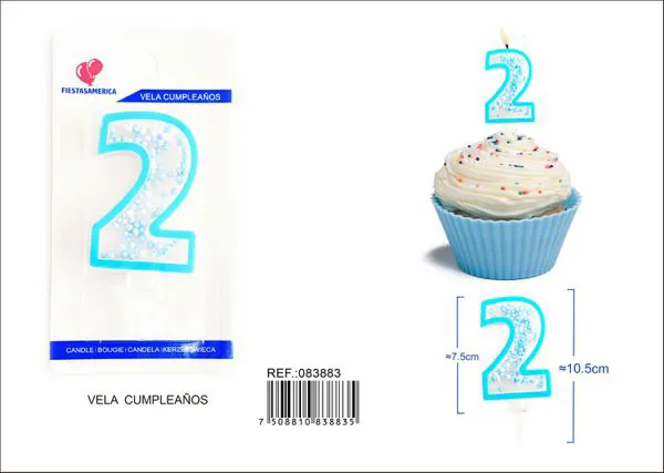 Vela de cumpleaños número 2 azul 8 cm