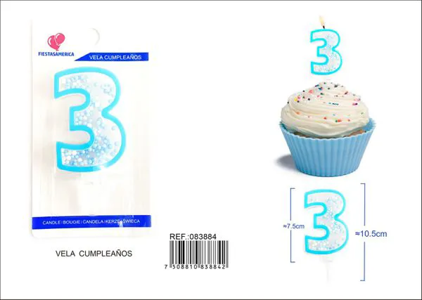Vela de cumpleaños número 3 azul 8 cm
