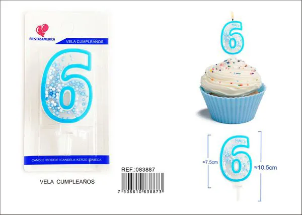 Vela de cumpleaños número 6 azul 8 cm