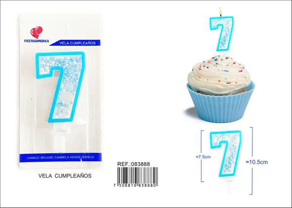 Vela de cumpleaños número 7 azul 8 cm