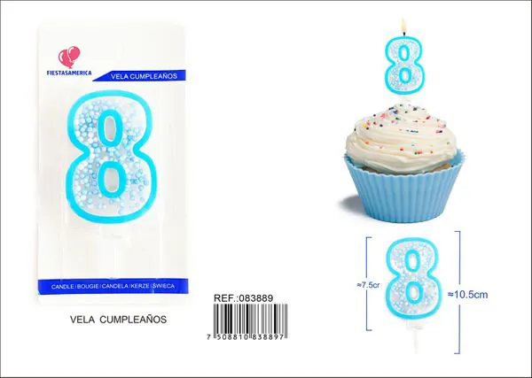 Vela de cumpleaños número 8 azul 8 cm
