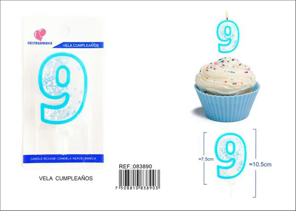 Vela de cumpleaños número 9 azul 8 cm