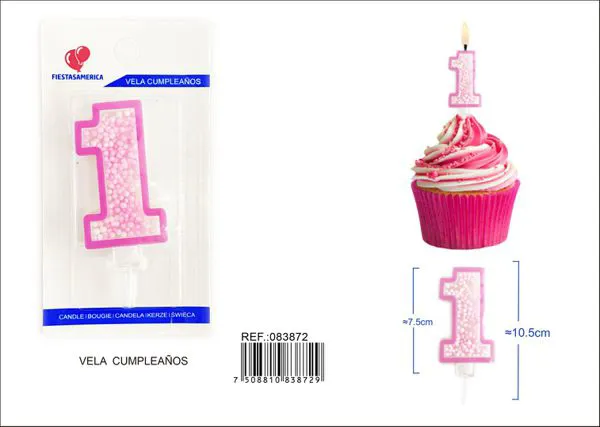 Vela de cumpleaños número 1 rosa 8 cm