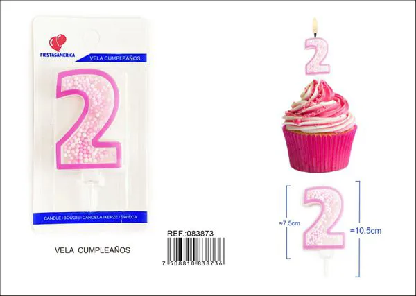 Vela de cumpleaños número 2 rosa 8 cm