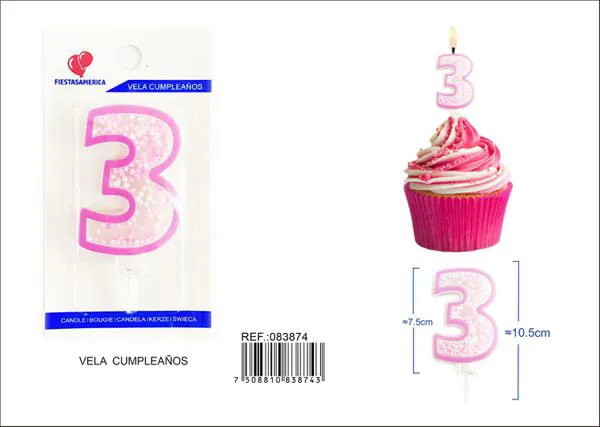 Vela de cumpleaños número 3 rosa 8 cm