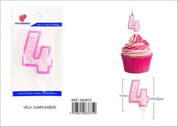 Vela de cumpleaños número 4 rosa 8 cm