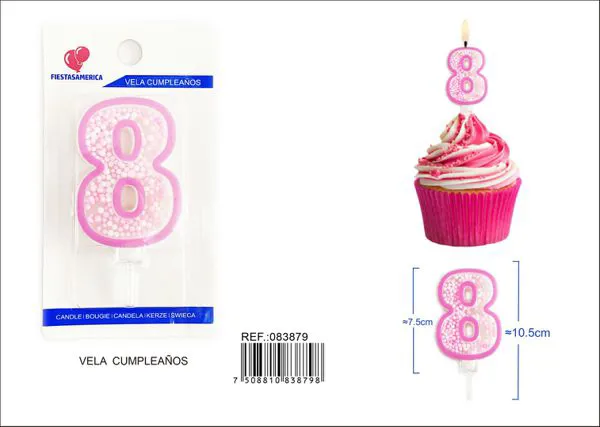 Vela de cumpleaños número 8 rosa 8 cm
