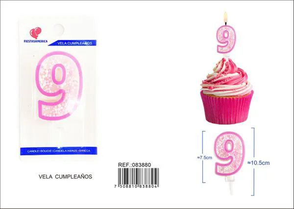 Vela de cumpleaños número 9 rosa 8 cm
