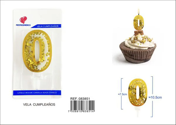 Vela de cumpleaños número 0 dorada 7.5 cm