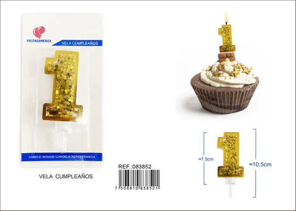 Vela de cumpleaños número 1 dorada 7.5 cm
