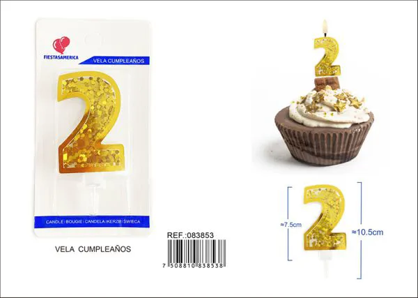 Vela de cumpleaños número 2 dorada 7.5 cm