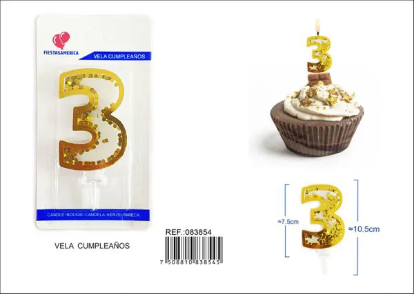 Vela de cumpleaños número 3 dorada 7.5 cm
