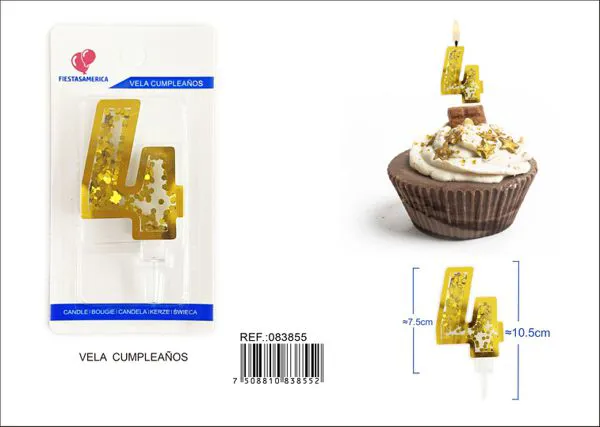 Vela de cumpleaños número 4 dorada 7.5 cm