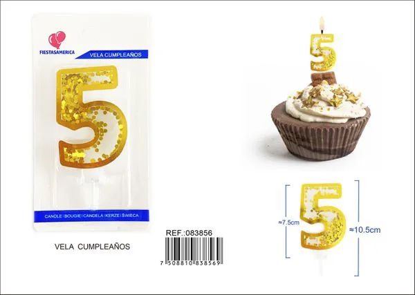 Vela de cumpleaños número 5 dorada 7.5 cm
