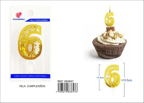 Vela de cumpleaños número 6 dorada 7.5 cm