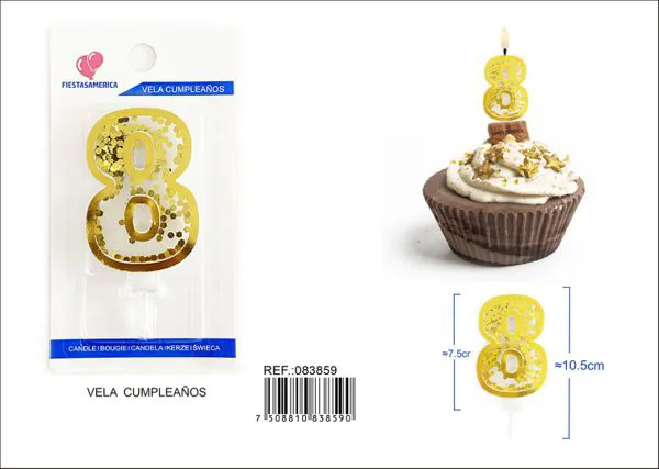 Vela de cumpleaños número 8 dorada 7.5 cm