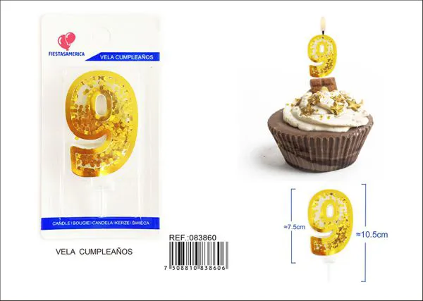 Vela de cumpleaños número 9 dorada 7.5 cm