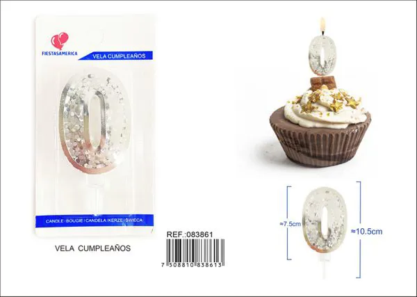 Vela de cumpleaños número 0 plateada 7.5 cm
