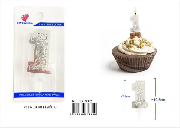 Vela de cumpleaños número 1 plateada 7.5 cm
