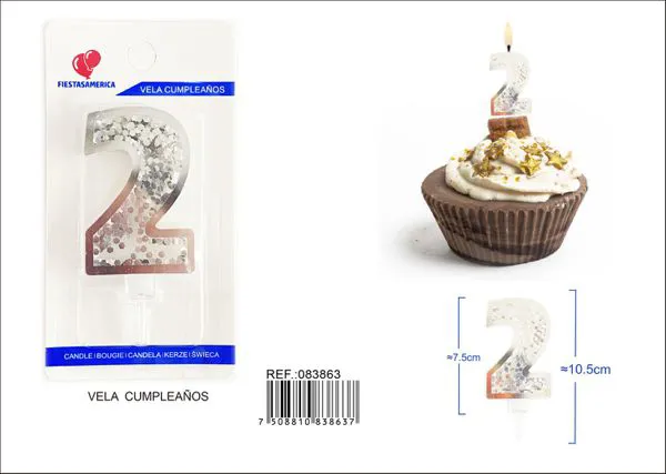 Vela de cumpleaños número 2 plateada 7.5 cm