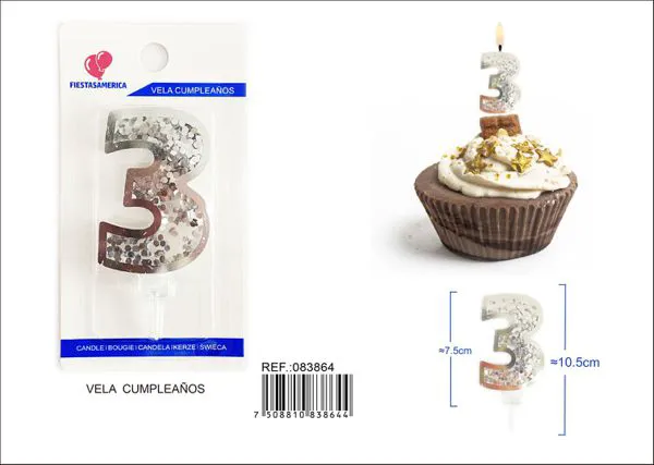 Vela de cumpleaños número 3 plateada 7.5 cm