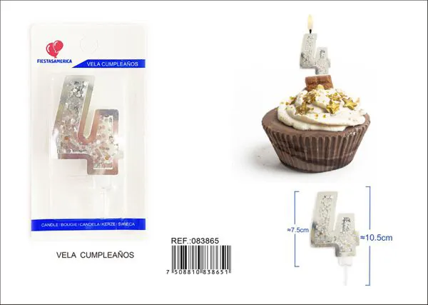 Vela de cumpleaños número 4 plateada 7.5 cm