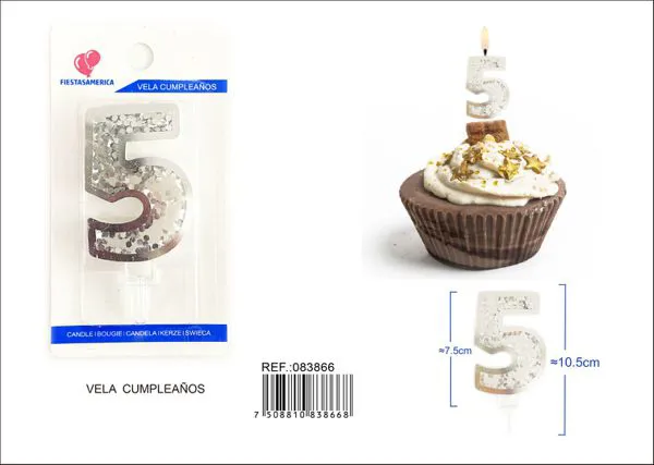 Vela de cumpleaños número 5 plateada 7.5 cm