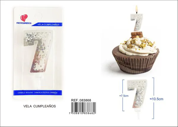 Vela de cumpleaños número 7 plateada 7.5 cm