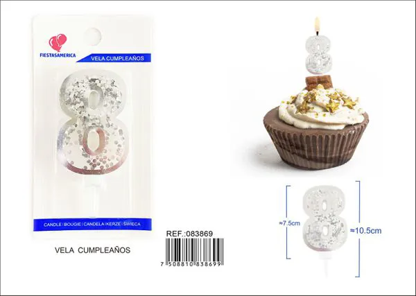 Vela de cumpleaños número 8 plateada 7.5 cm