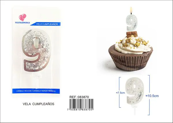 Vela de cumpleaños número 9 plateada 7.5 cm