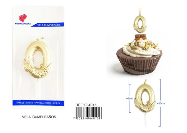 Vela de cumpleaños número 0 dorada 6 cm