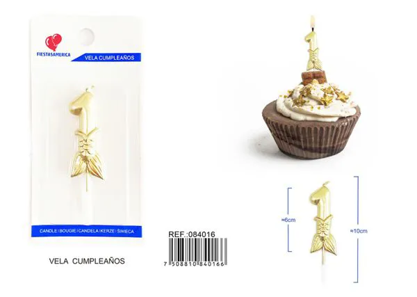 Vela de cumpleaños número 1 dorada 6 cm