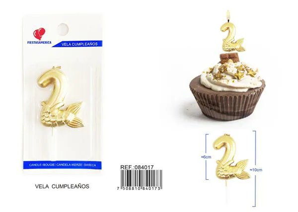 Vela de cumpleaños número 2 dorada 6 cm