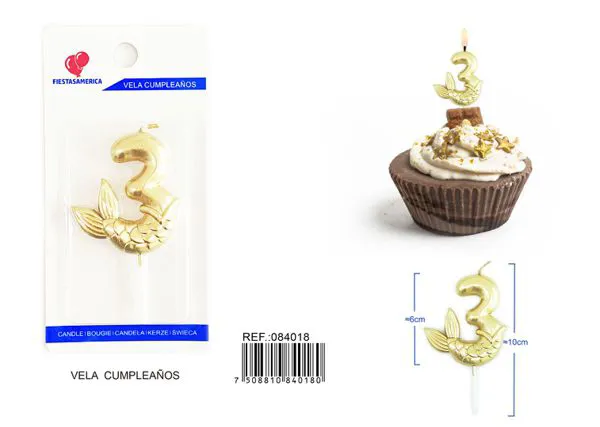 Vela de cumpleaños número 3 dorada 6 cm