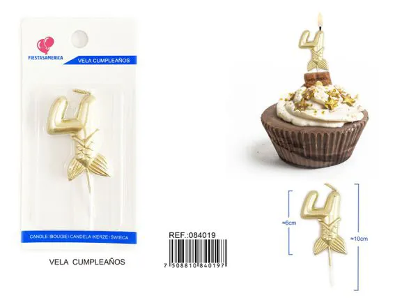 Vela de cumpleaños número 4 dorada 6 cm