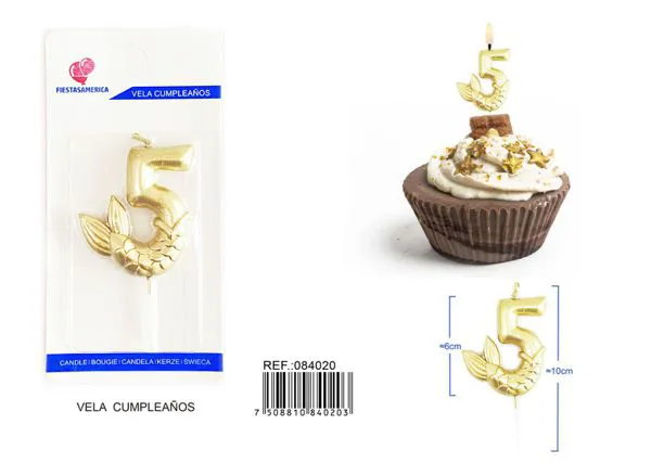 Vela de cumpleaños número 5 dorada 6 cm