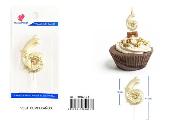Vela de cumpleaños número 6 dorada 6 cm