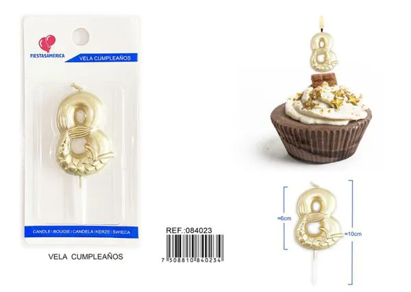 Vela de cumpleaños número 8 dorada 6 cm